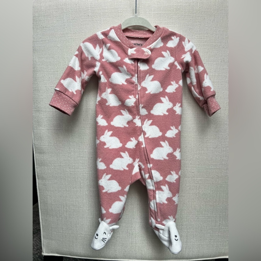 Pink Bunny Print Baby Fleece Zip Easter Bunny Pajamas 0-3 Months